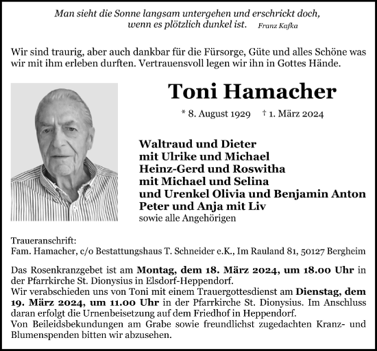 Anzeige von Toni Hamacher von  Werbepost 