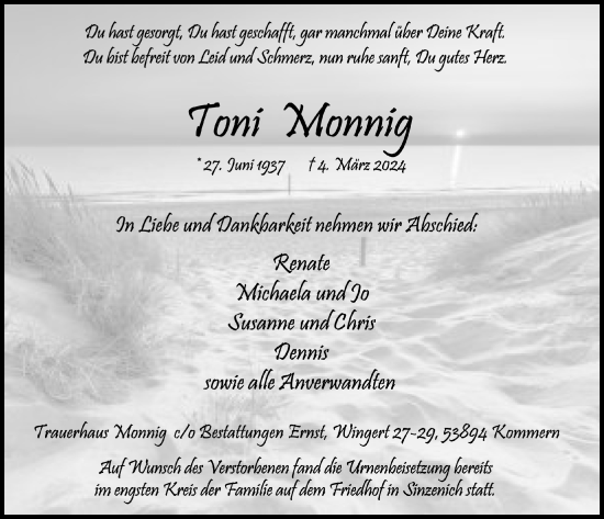Anzeige von Toni Monnig von  Blickpunkt Euskirchen 
