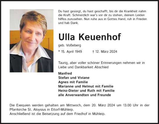 Anzeige von Ulla Keuenhof von Kölner Stadt-Anzeiger / Kölnische Rundschau / Express