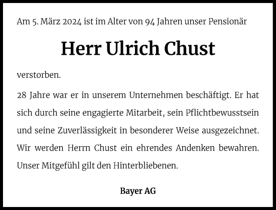 Anzeige von Ulrich Chust von Kölner Stadt-Anzeiger / Kölnische Rundschau / Express