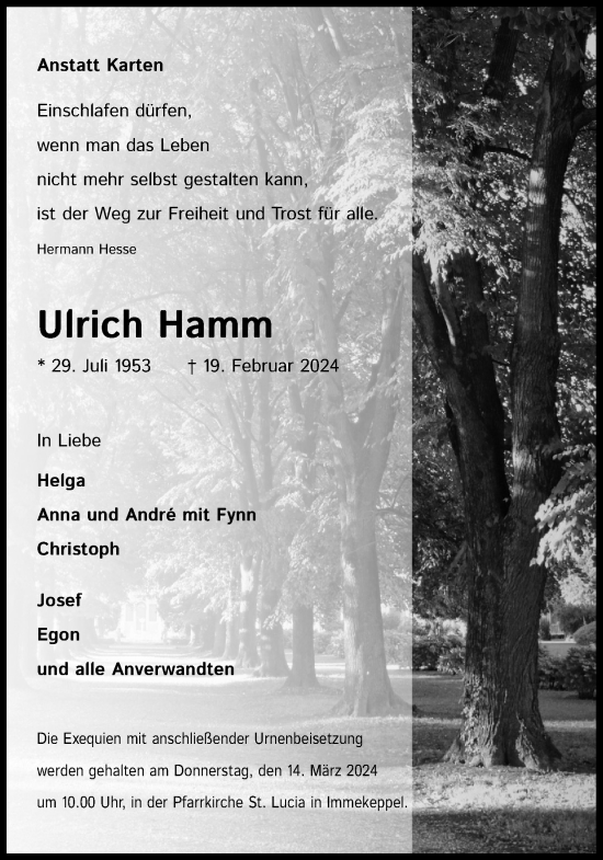Anzeige von Ulrich Hamm von Kölner Stadt-Anzeiger / Kölnische Rundschau / Express