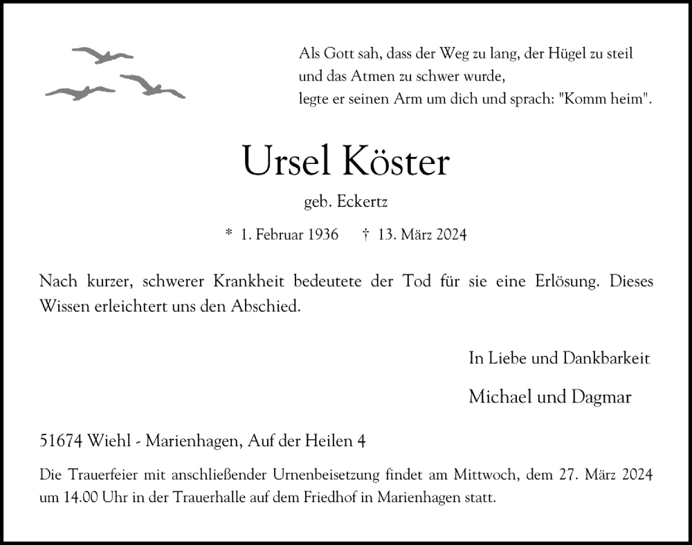  Traueranzeige für Ursel Köster vom 22.03.2024 aus  Anzeigen Echo 