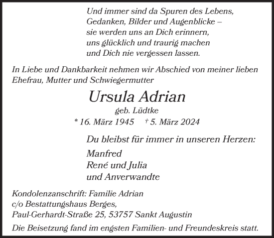 Anzeige von Ursula Adrian von  Extra Blatt 