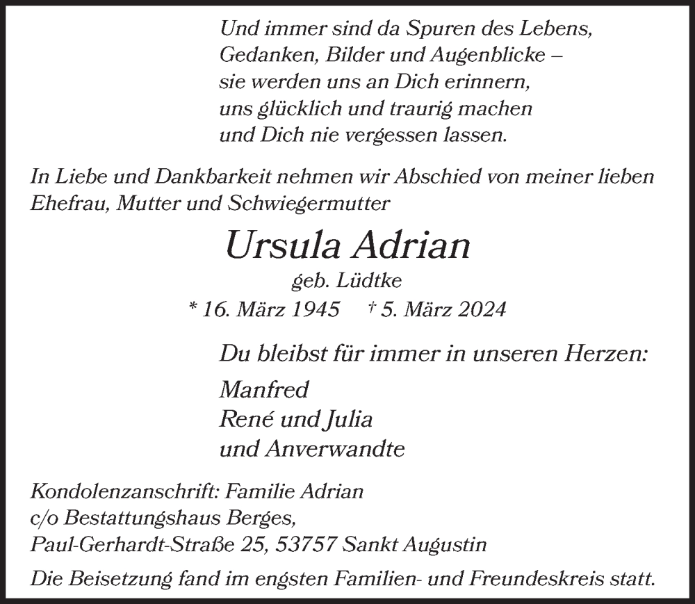  Traueranzeige für Ursula Adrian vom 22.03.2024 aus  Extra Blatt 