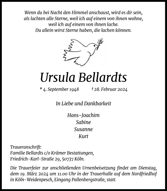 Anzeige von Ursula Bellardts von Kölner Stadt-Anzeiger / Kölnische Rundschau / Express