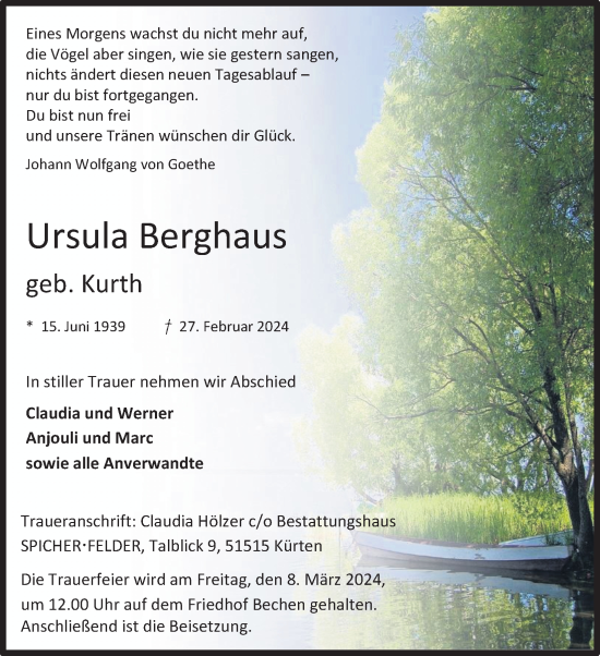Anzeige von Ursula Berghaus von Kölner Stadt-Anzeiger / Kölnische Rundschau / Express