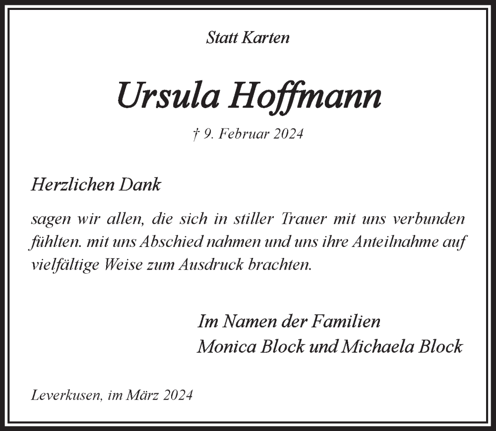  Traueranzeige für Ursula Hoffmann vom 22.03.2024 aus  Lokale Informationen 