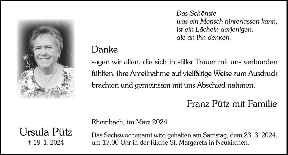  Traueranzeige für Ursula Pütz vom 15.03.2024 aus  Schaufenster/Blickpunkt 