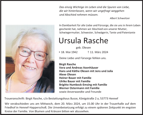 Anzeige von Ursula Rasche von Kölner Stadt-Anzeiger / Kölnische Rundschau / Express