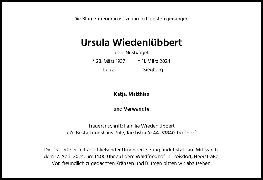  Traueranzeige für Ursula Wiedenlübbert vom 23.03.2024 aus Kölner Stadt-Anzeiger / Kölnische Rundschau / Express