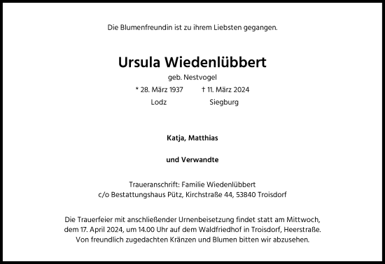Anzeige von Ursula Wiedenlübbert von Kölner Stadt-Anzeiger / Kölnische Rundschau / Express