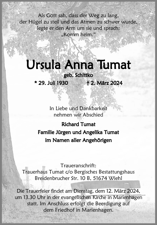 Anzeige von Ursula Anna Tumat von Kölner Stadt-Anzeiger / Kölnische Rundschau / Express