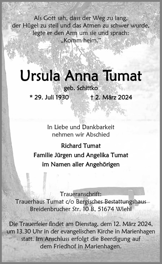 Anzeige von Ursula Anna Tumat von  Anzeigen Echo 