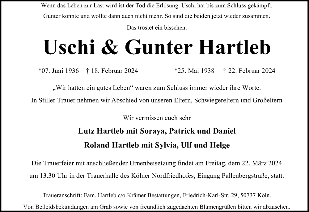  Traueranzeige für Uschi Hartleb vom 09.03.2024 aus Kölner Stadt-Anzeiger / Kölnische Rundschau / Express