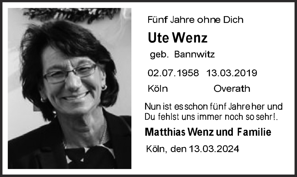  Traueranzeige für Ute Wenz vom 18.07.2023 aus  Bergisches Handelsblatt 