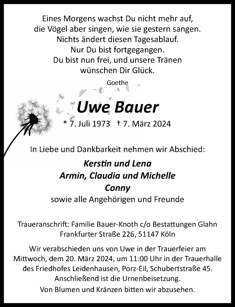  Traueranzeige für Uwe Bauer vom 15.03.2024 aus  EXPRESS - Die Woche 