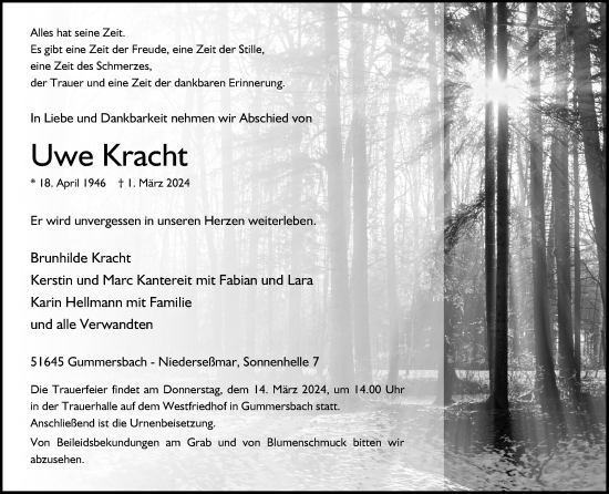 Anzeige von Uwe Kracht von Kölner Stadt-Anzeiger / Kölnische Rundschau / Express