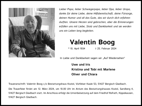 Anzeige von Valentin Boog von Kölner Stadt-Anzeiger / Kölnische Rundschau / Express