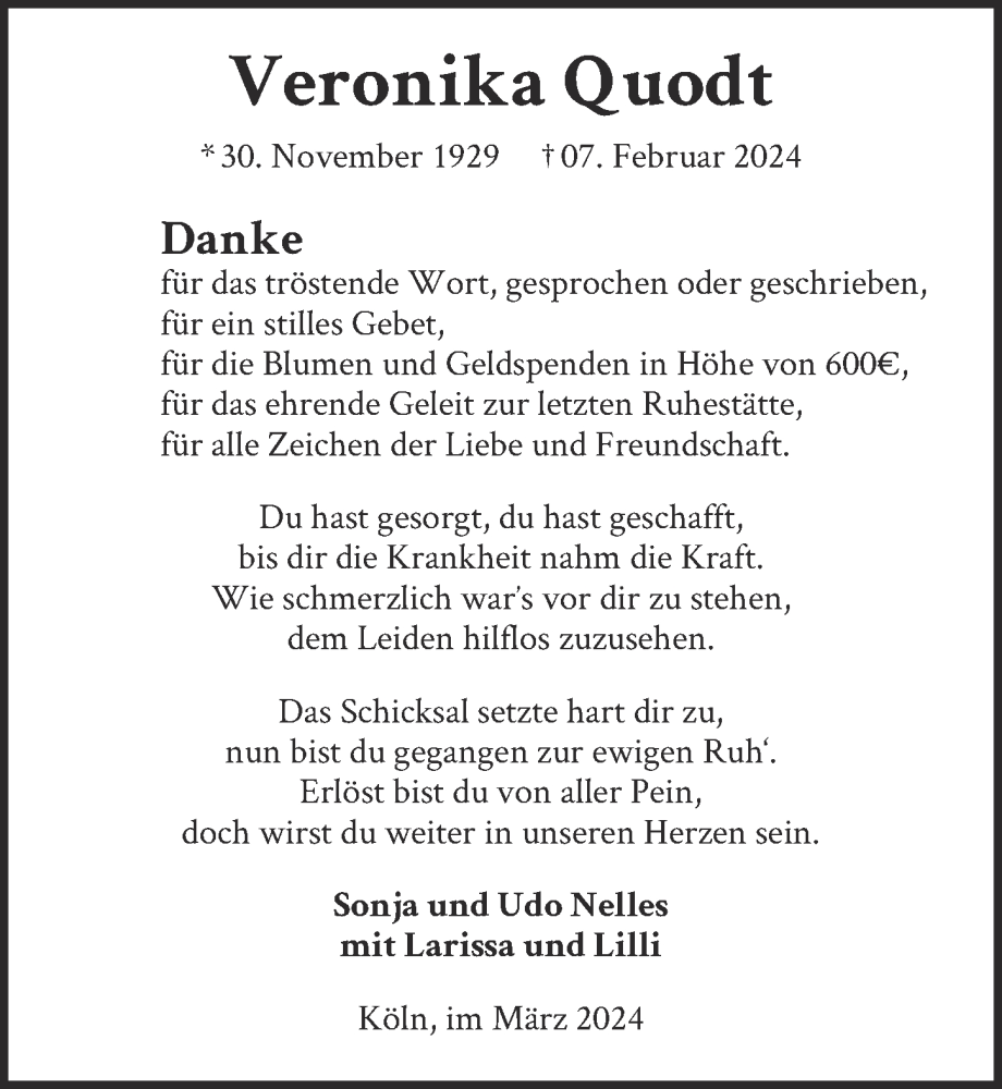  Traueranzeige für Veronika Quodt vom 22.03.2024 aus  EXPRESS - Die Woche 