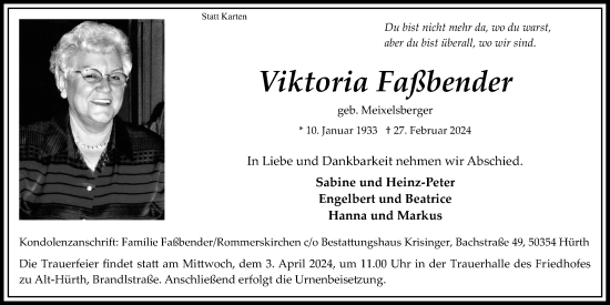 Anzeige von Viktoria Faßbender von Kölner Stadt-Anzeiger / Kölnische Rundschau / Express