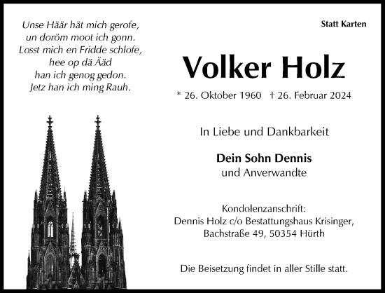 Anzeige von Volker Holz von Kölner Stadt-Anzeiger / Kölnische Rundschau / Express