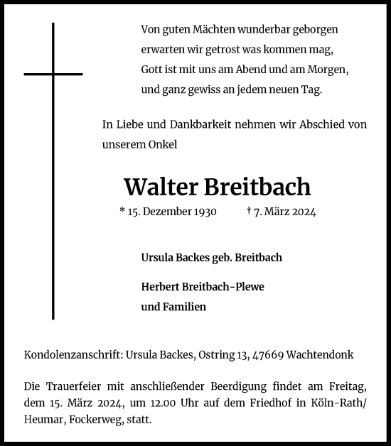 Anzeige von Walter Breitbach von Kölner Stadt-Anzeiger / Kölnische Rundschau / Express