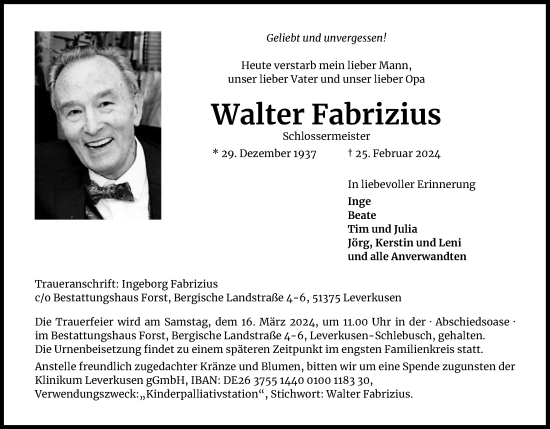 Anzeige von Walter Fabrizius von Kölner Stadt-Anzeiger / Kölnische Rundschau / Express