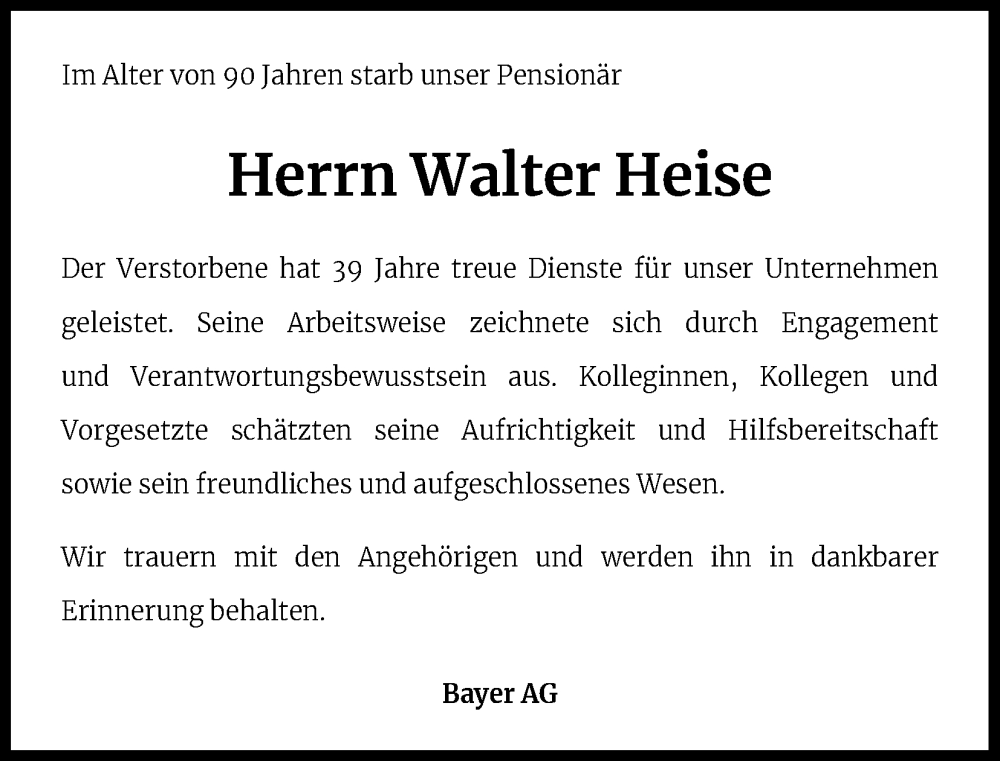  Traueranzeige für Walter Heise vom 09.03.2024 aus Kölner Stadt-Anzeiger / Kölnische Rundschau / Express