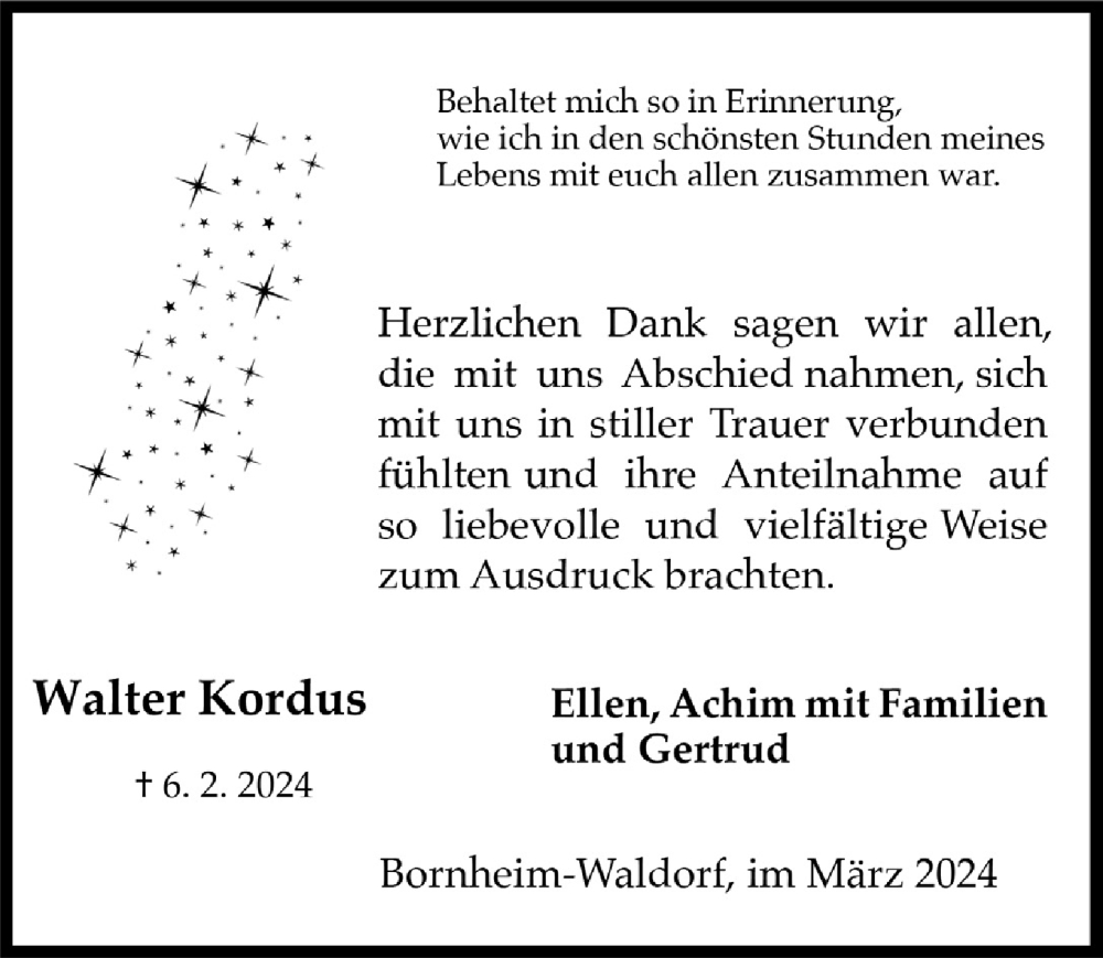  Traueranzeige für Walter Kordus vom 22.03.2024 aus  Schaufenster/Blickpunkt 
