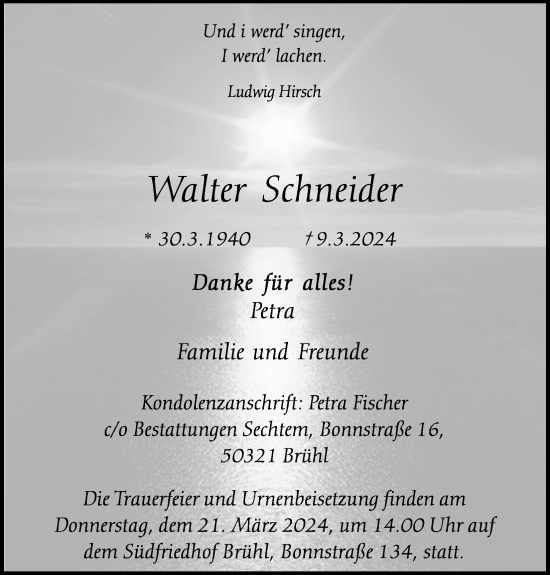 Anzeige von Walter Schneider von Kölner Stadt-Anzeiger / Kölnische Rundschau / Express