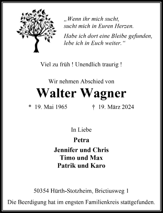 Anzeige von Walter Wagner von  Wochenende 