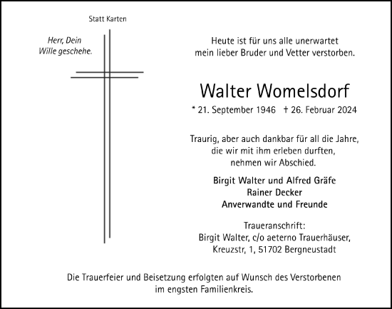 Anzeige von Walter Womelsdorf von  Anzeigen Echo 