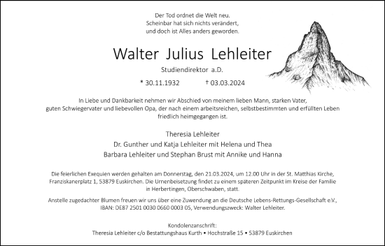 Anzeige von Walter Julius Lehleiter von  Blickpunkt Euskirchen 