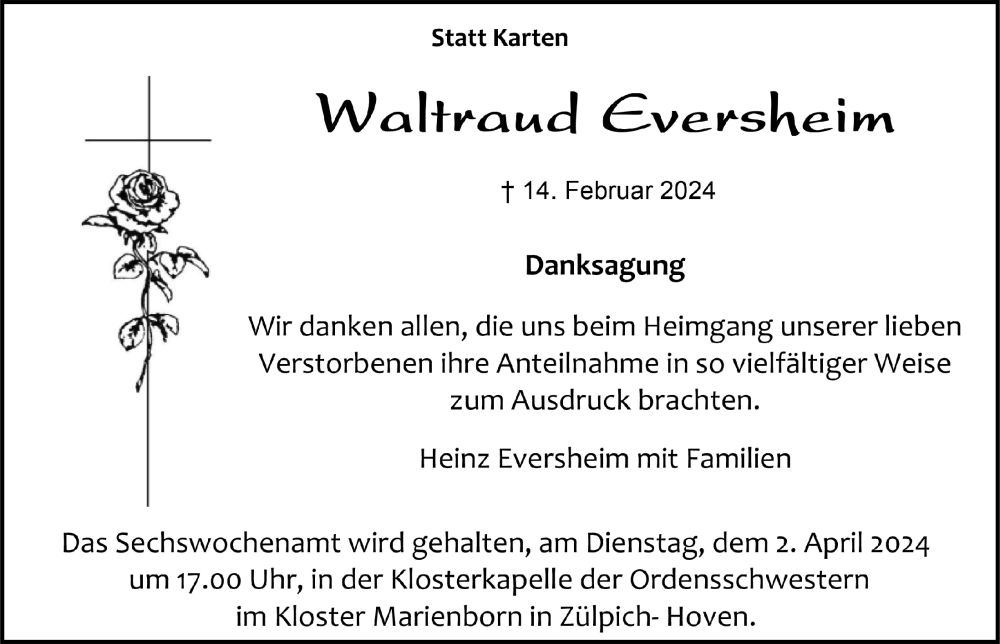  Traueranzeige für Waltraud Eversheim vom 23.03.2024 aus  Blickpunkt Euskirchen 