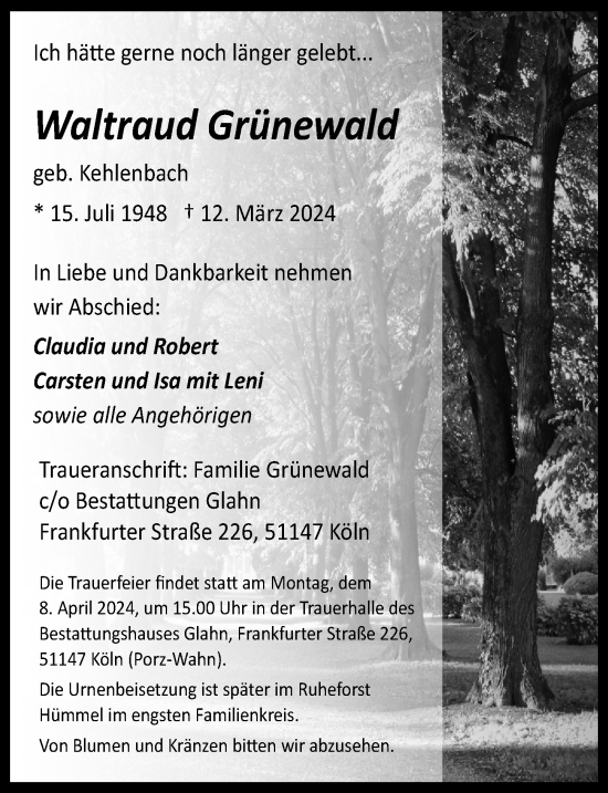 Anzeige von Waltraud Grünewald von  EXPRESS - Die Woche 
