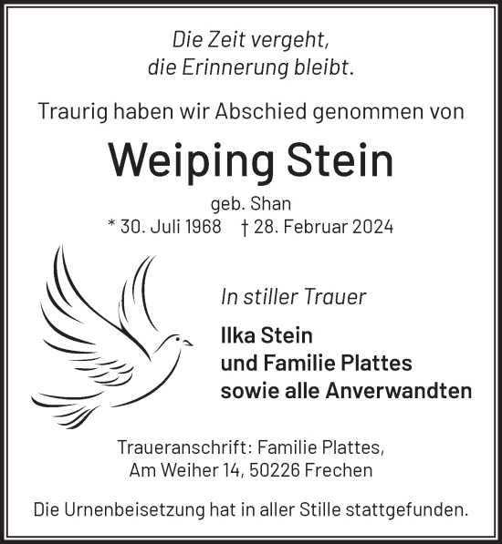 Anzeige von Weiping Stein von  Wochenende 