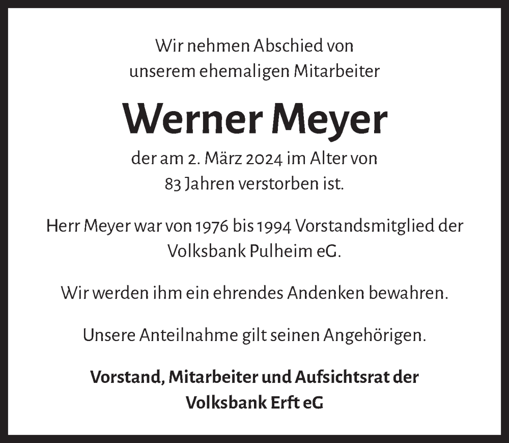  Traueranzeige für Werner Meyer vom 22.03.2024 aus  Wochenende 