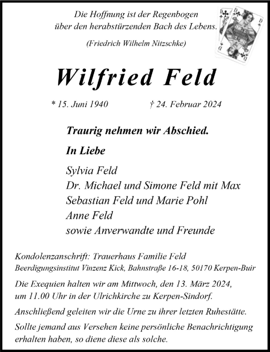 Anzeige von Wilfried Feld von  Werbepost 