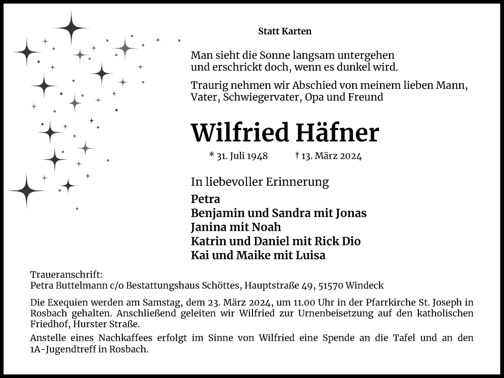  Traueranzeige für Wilfried Häfner vom 20.03.2024 aus Kölner Stadt-Anzeiger / Kölnische Rundschau / Express
