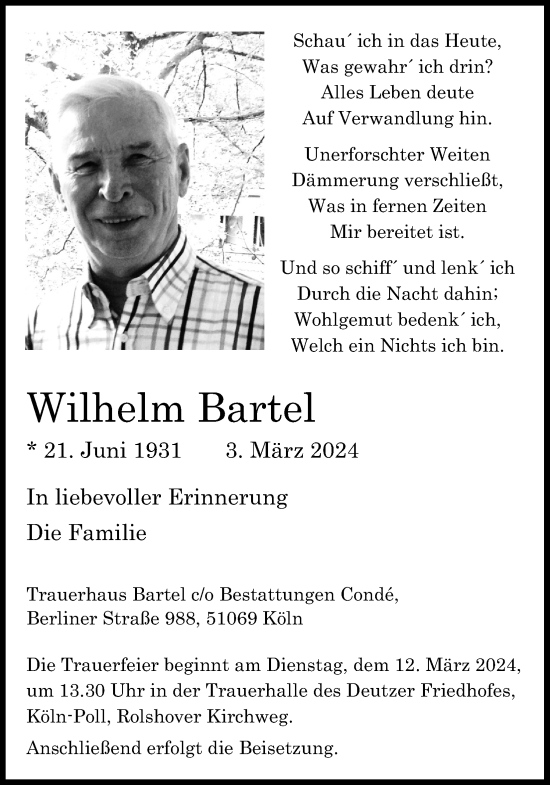 Anzeige von Wilhelm Bartel von Kölner Stadt-Anzeiger / Kölnische Rundschau / Express