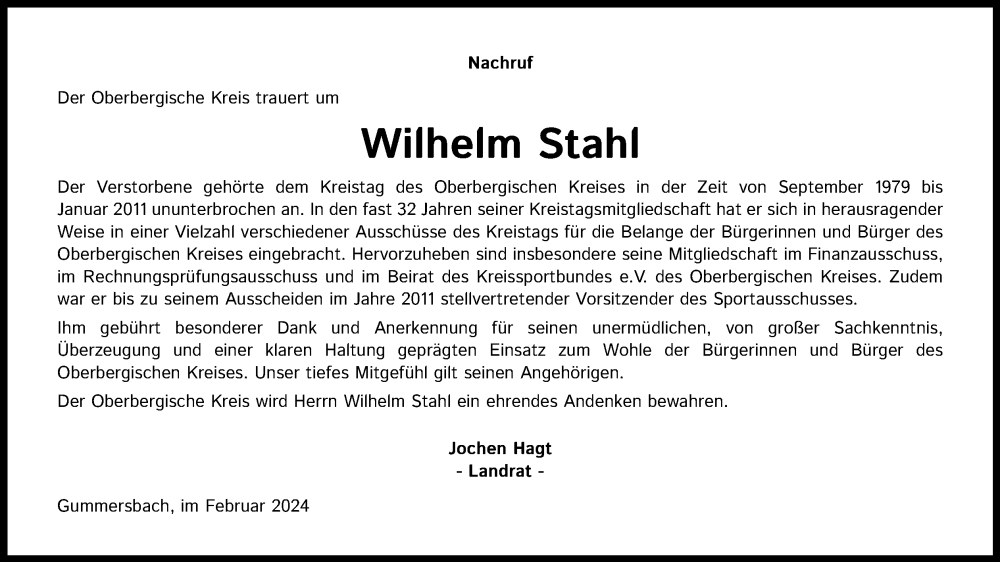  Traueranzeige für Wilhelm Stahl vom 02.03.2024 aus Kölner Stadt-Anzeiger / Kölnische Rundschau / Express