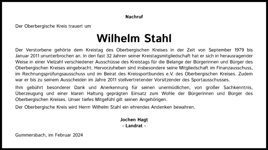 Anzeige von Wilhelm Stahl von Kölner Stadt-Anzeiger / Kölnische Rundschau / Express