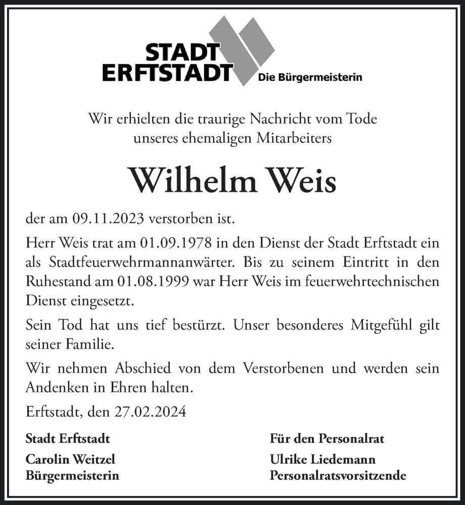  Traueranzeige für Wilhelm Weis vom 08.03.2024 aus  Werbepost 