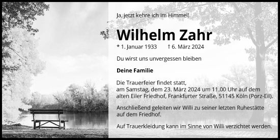 Anzeige von Wilhelm Zahr von Kölner Stadt-Anzeiger / Kölnische Rundschau / Express