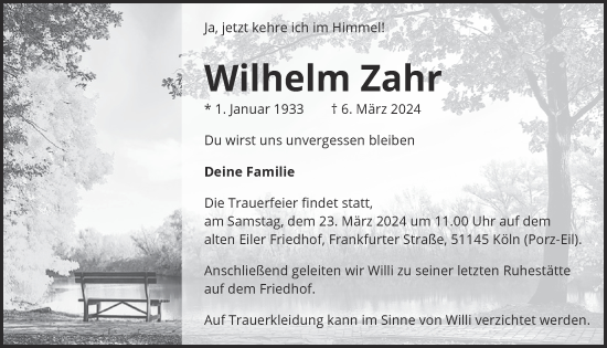 Anzeige von Wilhelm Zahr von  EXPRESS - Die Woche 