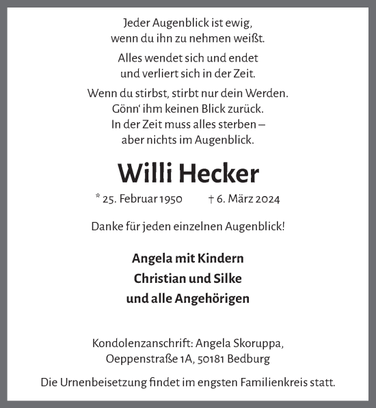 Anzeige von Willi Hecker von  Werbepost 