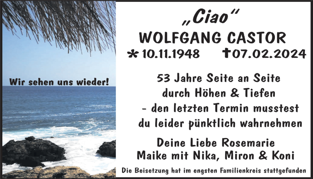  Traueranzeige für Wolfgang Castor vom 15.03.2024 aus  Bergisches Handelsblatt 