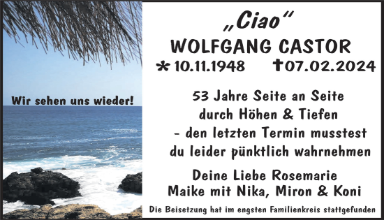 Anzeige von Wolfgang Castor von  Bergisches Handelsblatt 