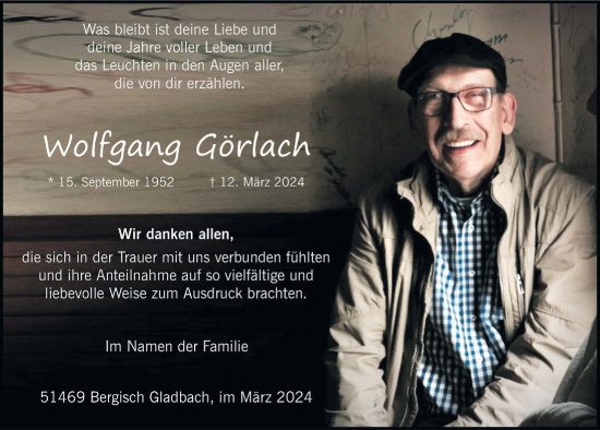 Anzeige von Wolfgang Görlach von  Bergisches Handelsblatt 
