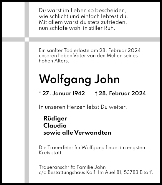 Anzeige von Wolfgang John von Kölner Stadt-Anzeiger / Kölnische Rundschau / Express